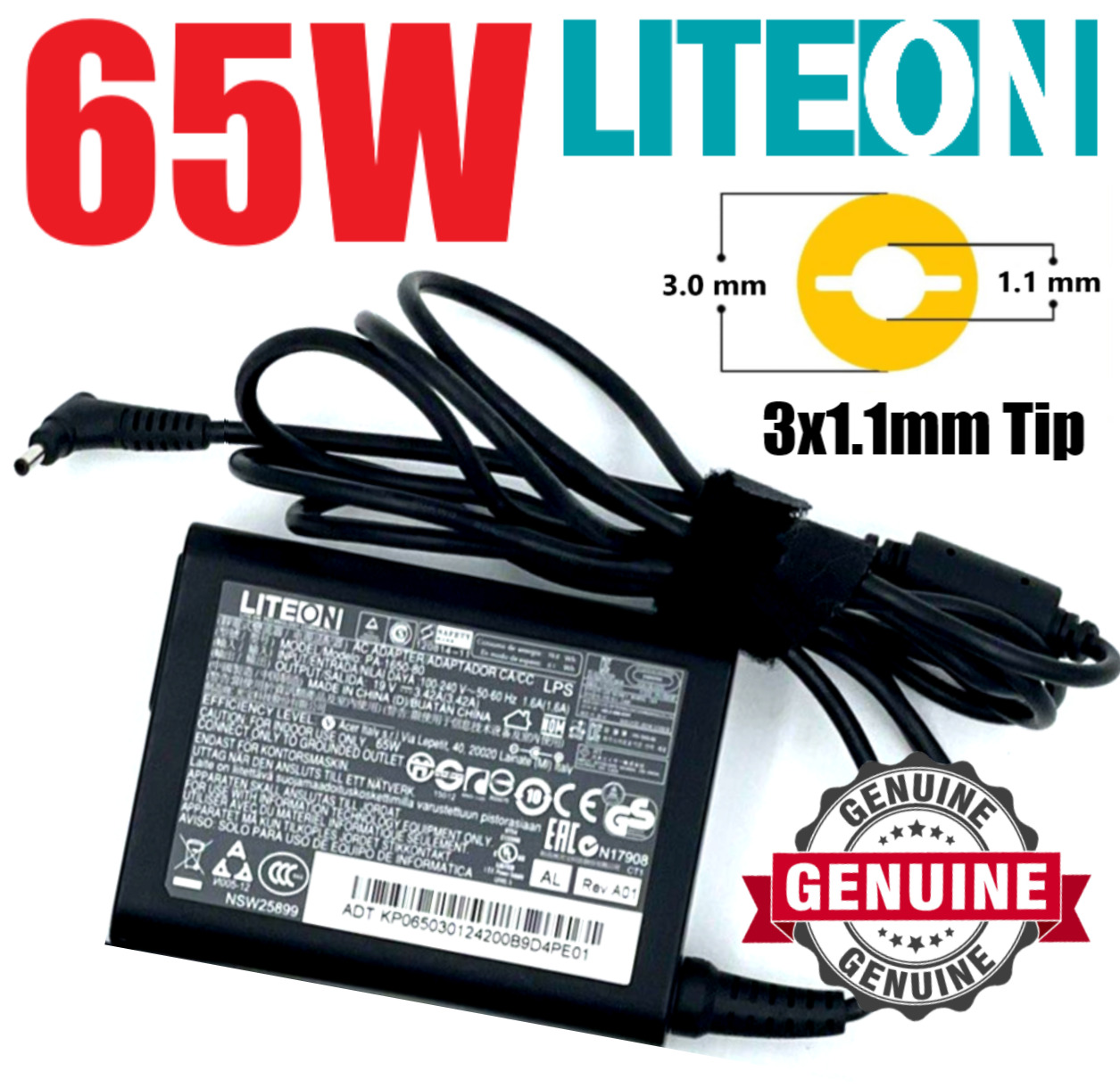 Genuine LiteOn 65W 3x1.1mm AC Adapter Charger 19V For Samsung Series 9 Notebook