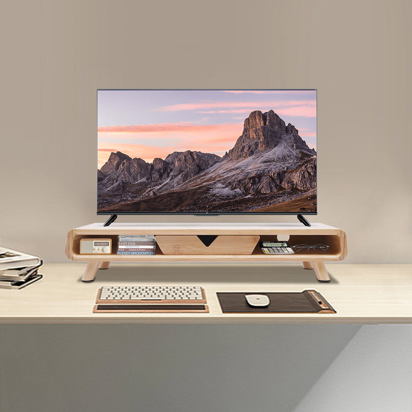 Modern Bamboo Monitor Stand Drawer Desktop Stand Riser & Back Baffle 6.61lbs