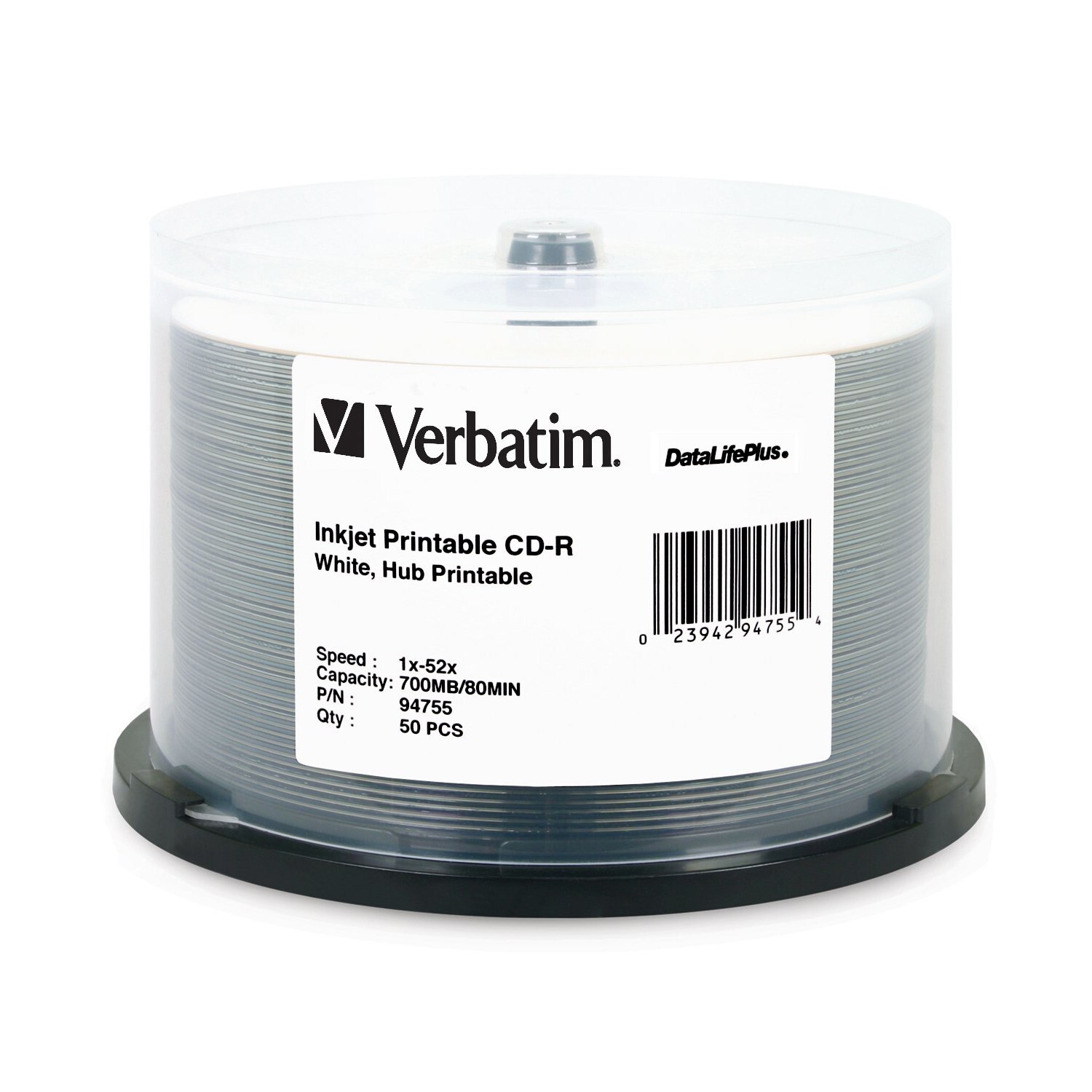 Verbatim 94755 CD-R 52X DataLifePlus White Inkjet Hub Printable 50 Pack Spindle