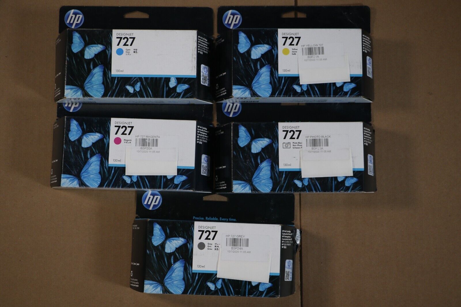 5 OEM HP 727 Designjet T920 C,M,Y,PK &G Inks B3P19A,B3P20A,21A,B3P23A,24A 130ml