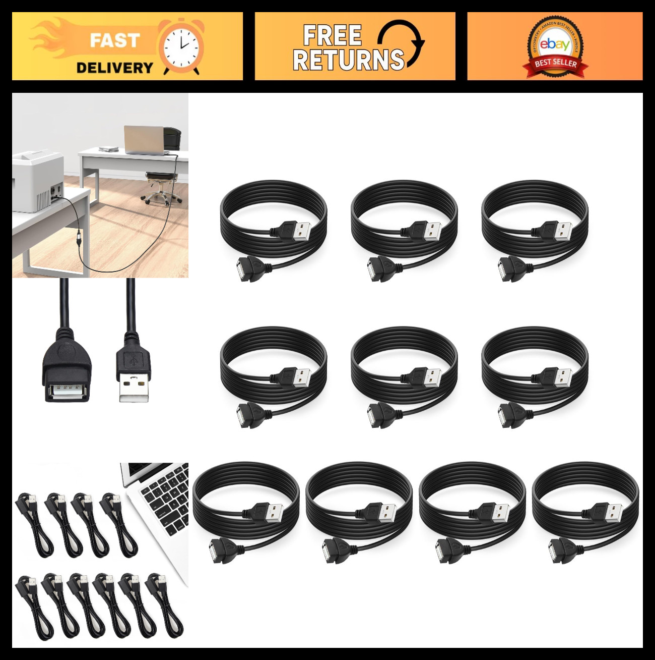 USB Extension Cable 6ft Male to Female 10-Pack, Type A 2.0 Data Transfer Cord