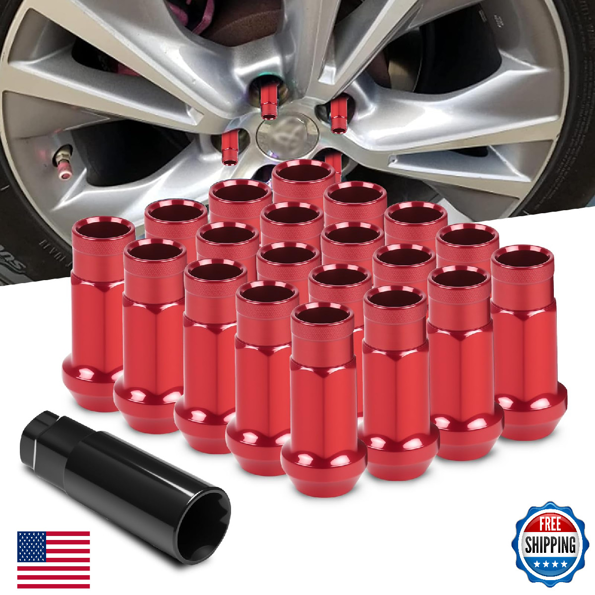 WENJTP 20pcs Red Cold Forged Steel 12mm*1.5 Lug Nuts Extended Tuner Wheel Nuts M