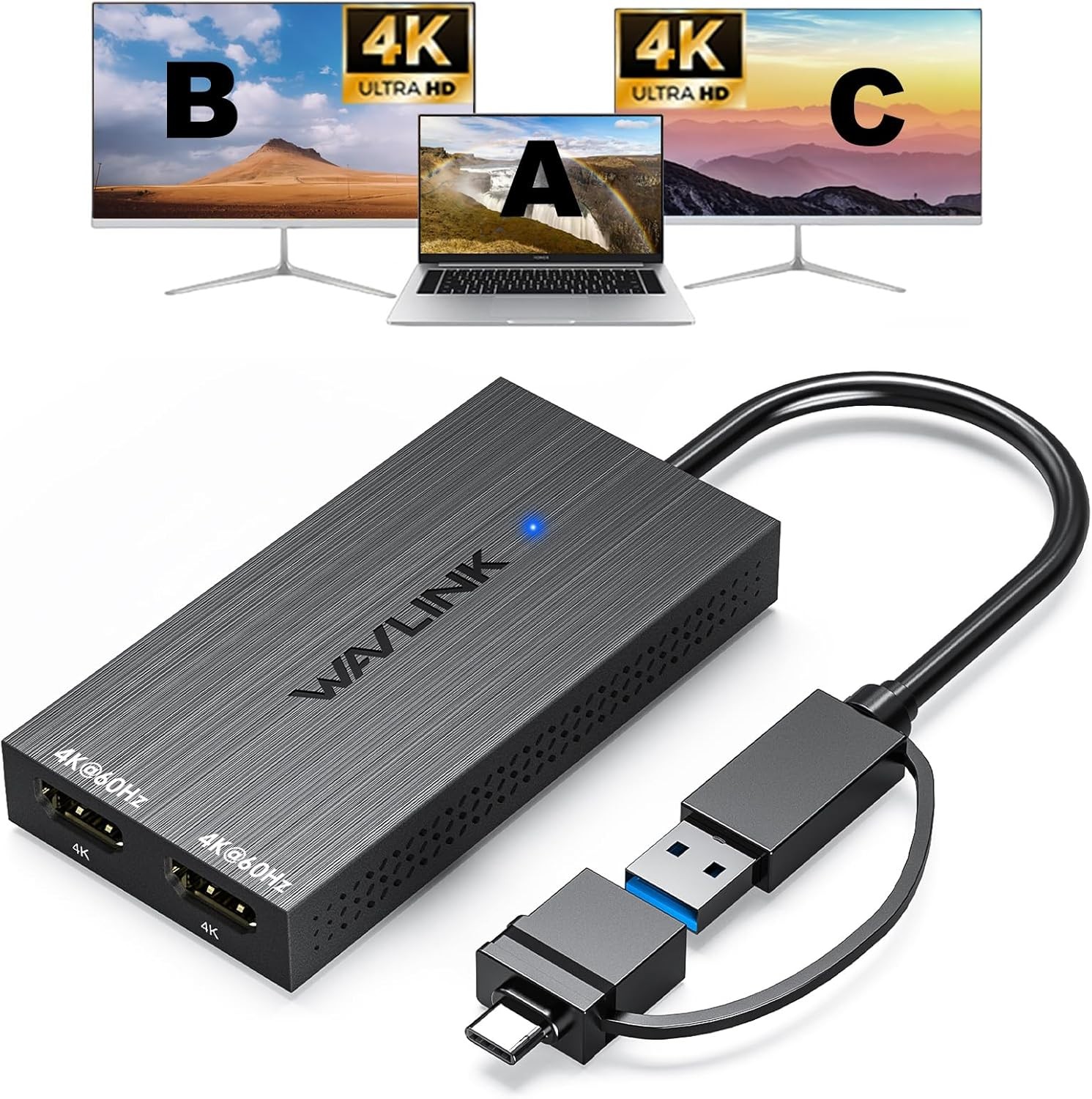 Dual 4K@60Hz Display DisplayLink Hub USB 3.1/USB C to Dual HDMI Adapter