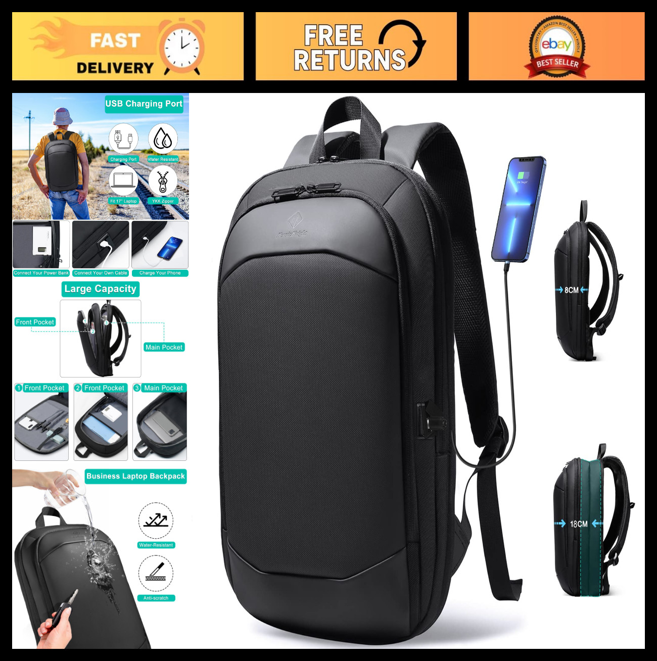 Slim Expandable Business Backpack for 17" Laptop | Waterproof Travel Bag with US