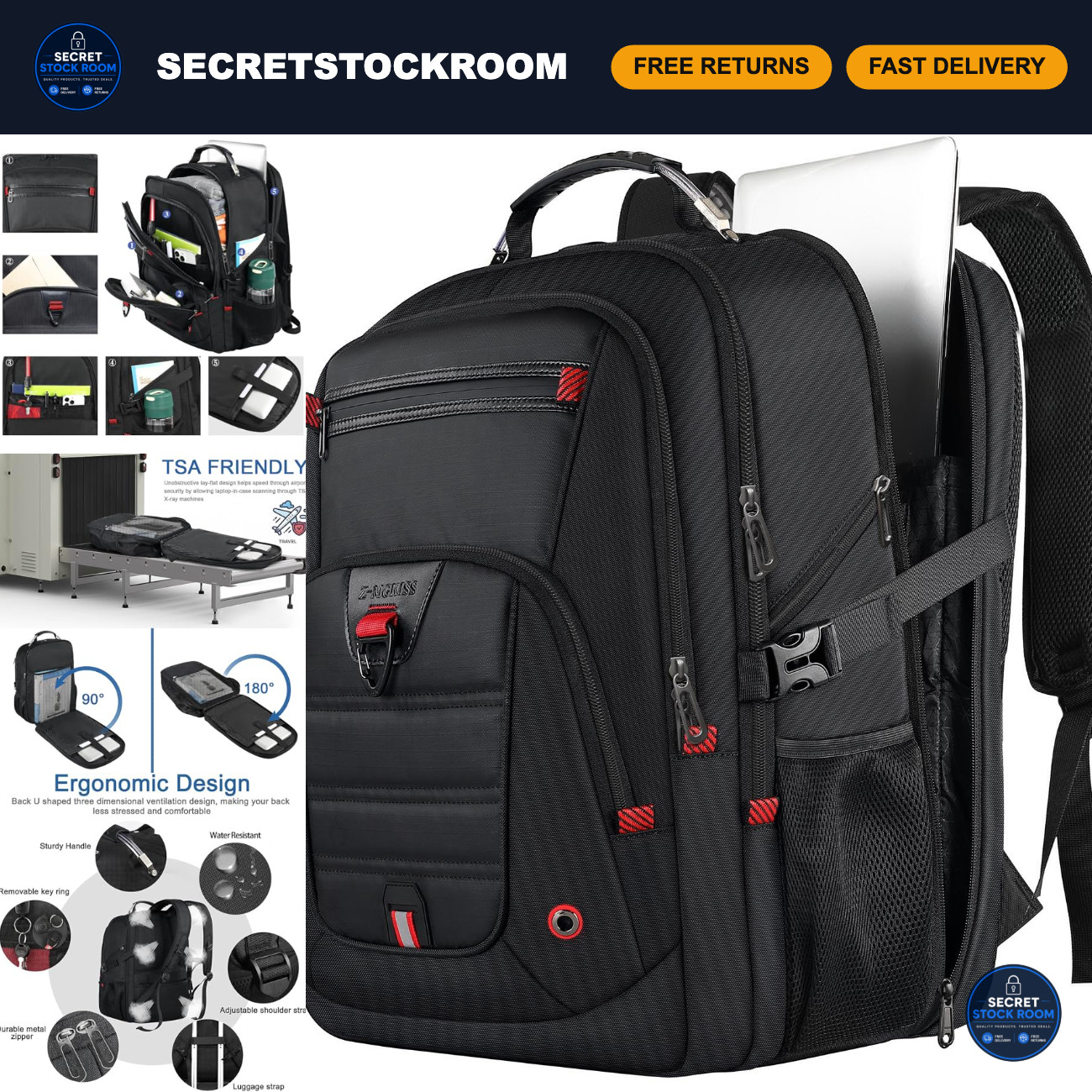 Extra Large 52L Travel Backpack for Men & Women, Fits 17.3" Laptops, Durable & S