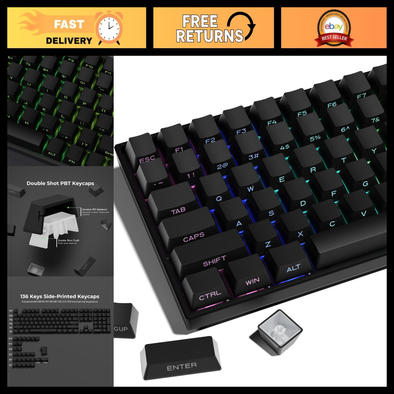 Custom PBT Keycaps Set - 136 Keys, Double Shot Shine Through, OEM Profile, Black