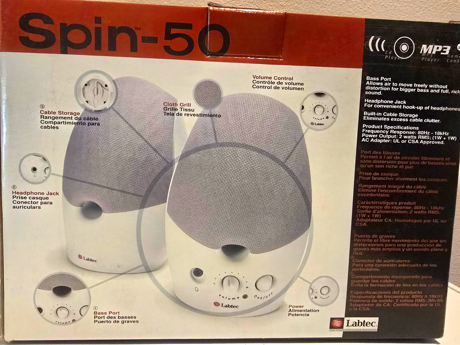 Labtec Spin-50 2.0 Wired Computer Speakers Volume Control Bass Port Gray/White
