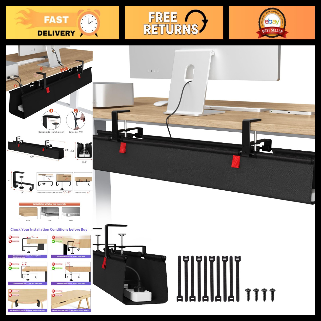 No Drill Under Desk Cable Management Tray - 36 Inch Organizer for Cables & Wires