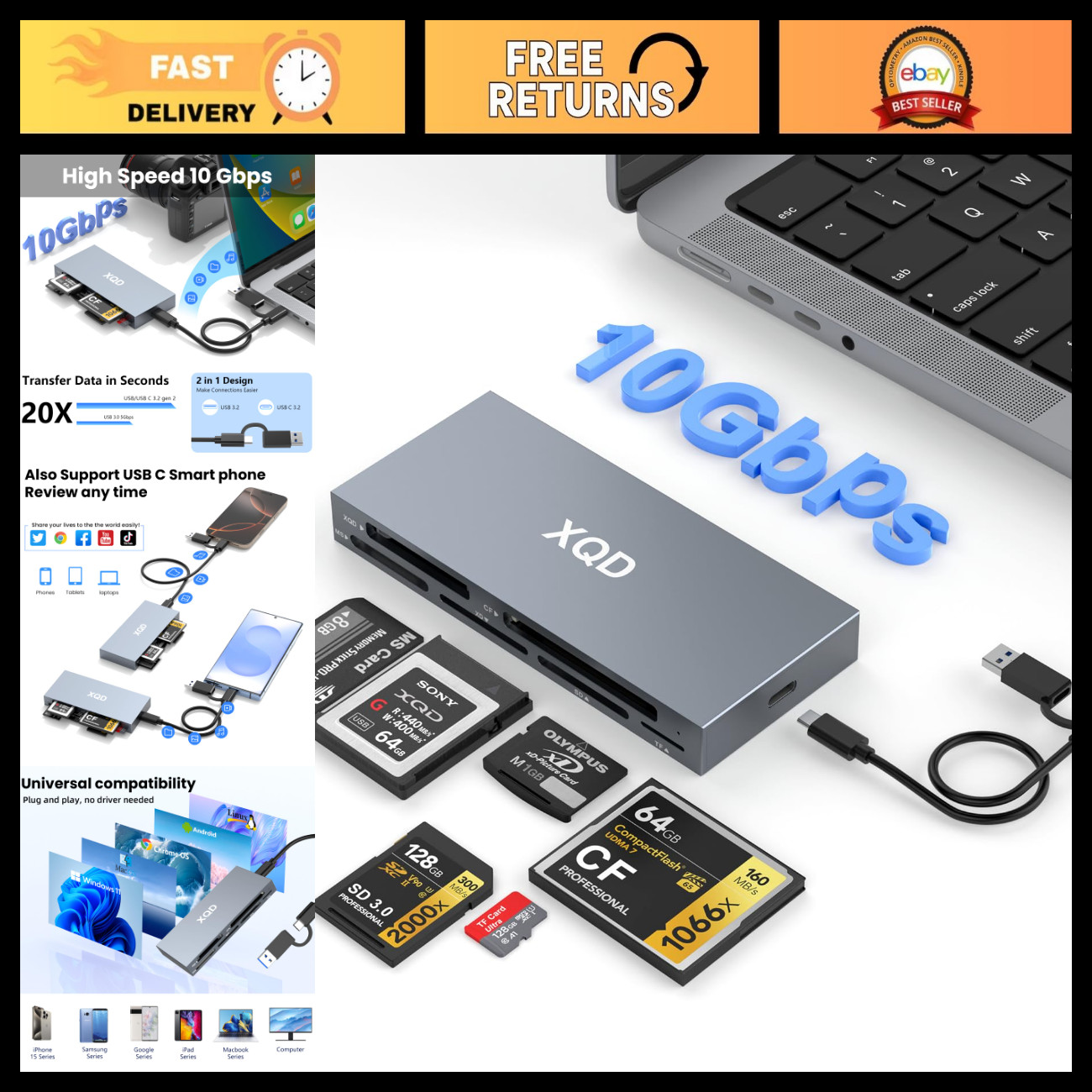 10Gbps 8-in-1 Multi-Card Reader USB C for XQD, CF, SD, TF, MS - Fast Data Transf