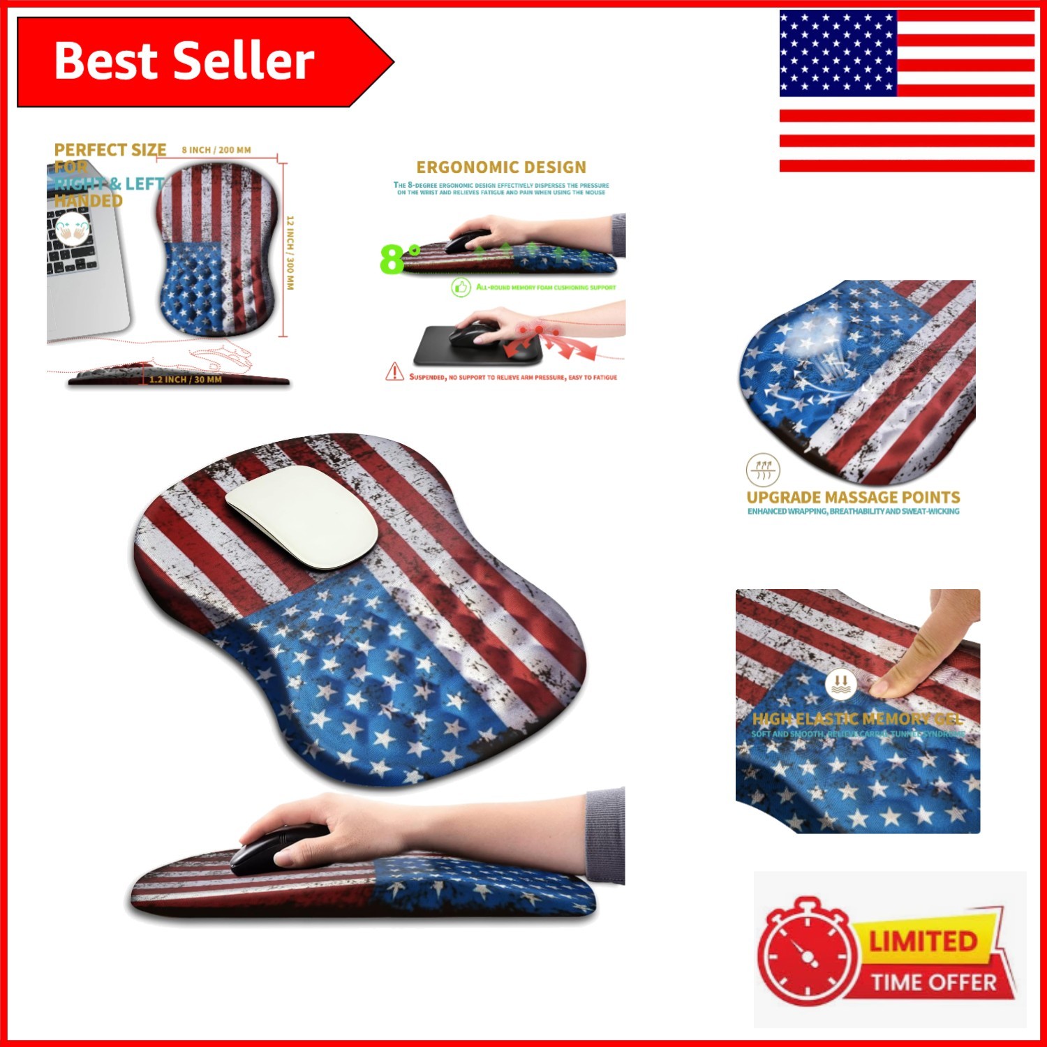 Stylish Ergonomic Mouse Pad with Massage Design and USA Flag Theme for Office