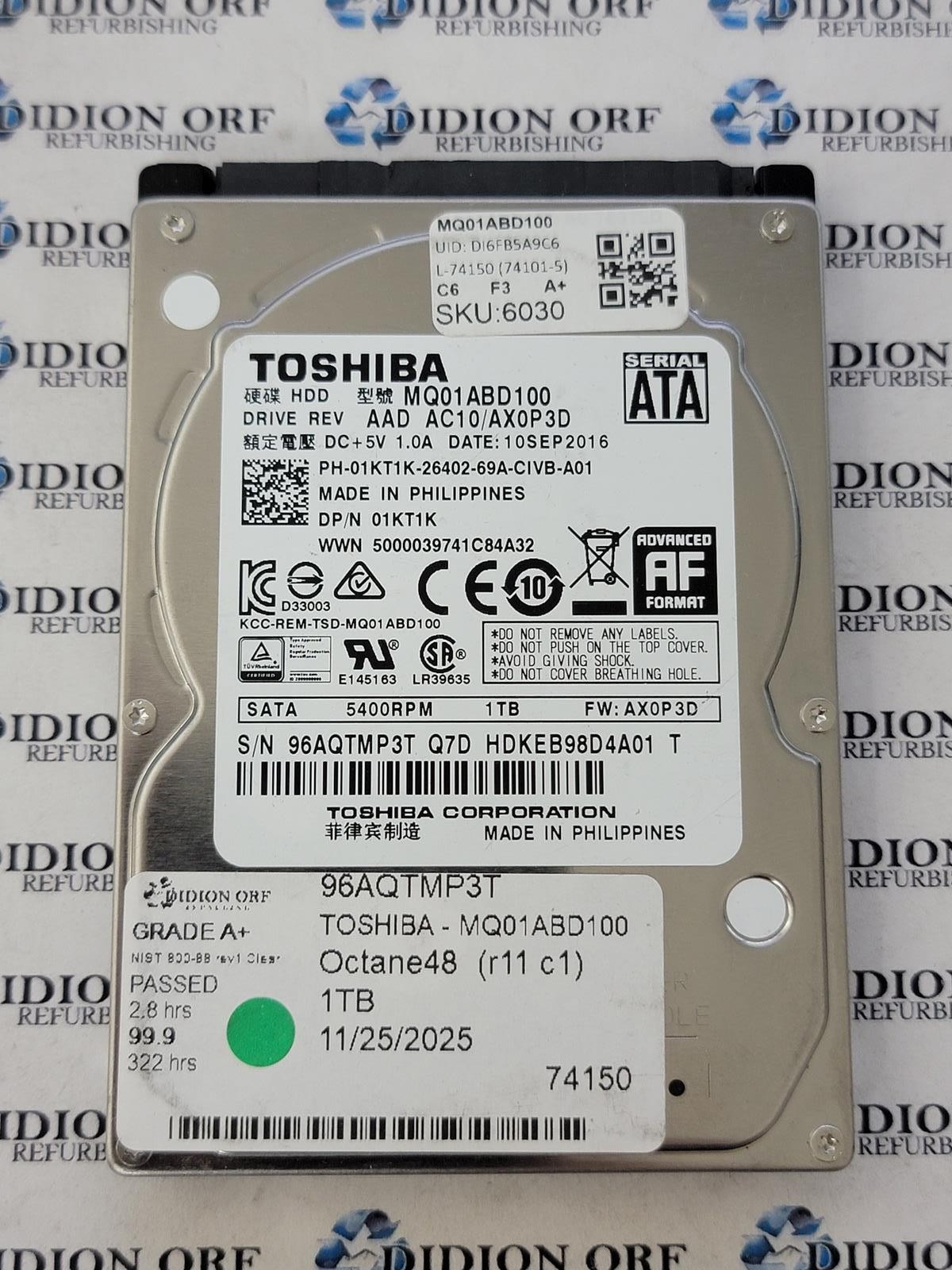 TOSHIBA 1TB 2.5" SATA HDD 5400 RPM MQ01ABD100 GRADE A+, SKU 6030