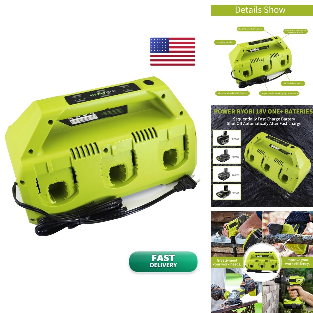 AN·GWEL 6-Port 18V Battery Charger Station Compatible Ryobi ONE KT60W200450B3