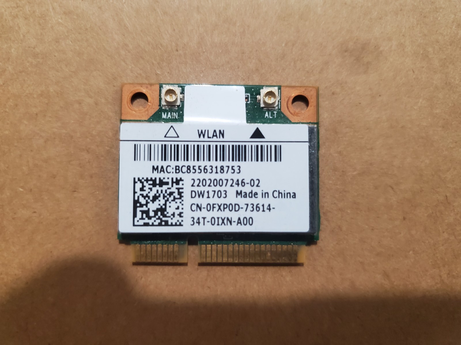 Dell Wireless DW1703 802.11 b/g/n BT Mini PCI-E Half-Height FXP0D
