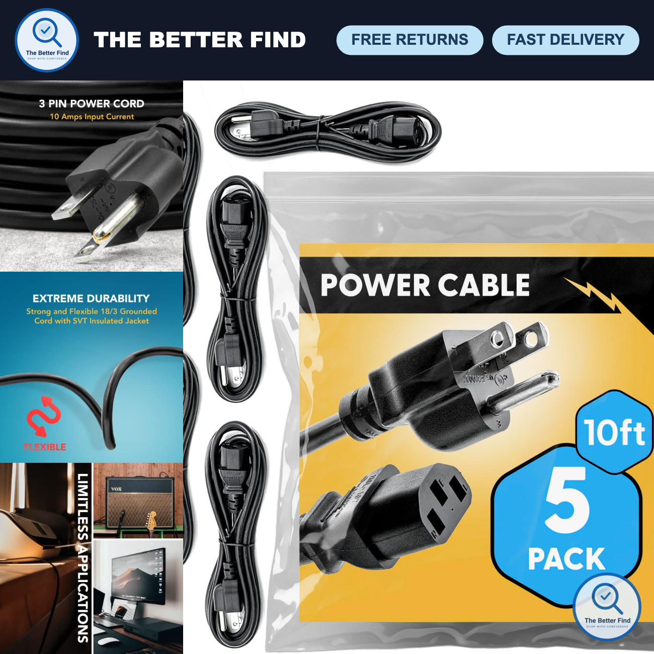 10ft Universal Power Cord (5 Pack) - IEC C13 to NEMA 5-15P, 18AWG, 10A, 125V - I
