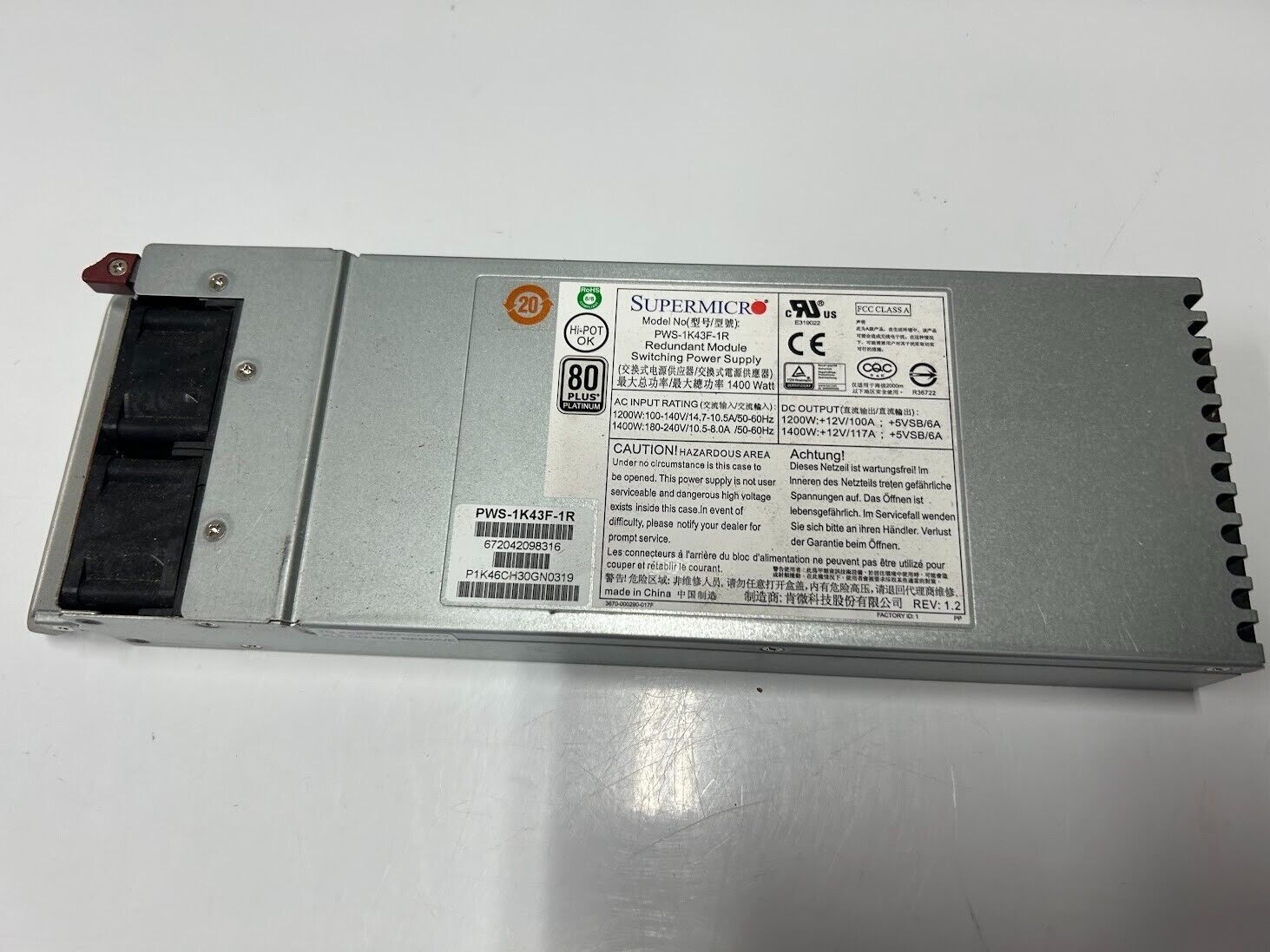 Supermicro PWS-1K43F-1R 1400w 80 Plus Platinum Switching Power Supply - Tested
