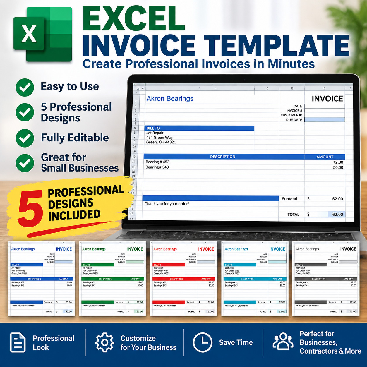 Excel Invoice Template Small Business Billing Professional Invoices 5 Designs