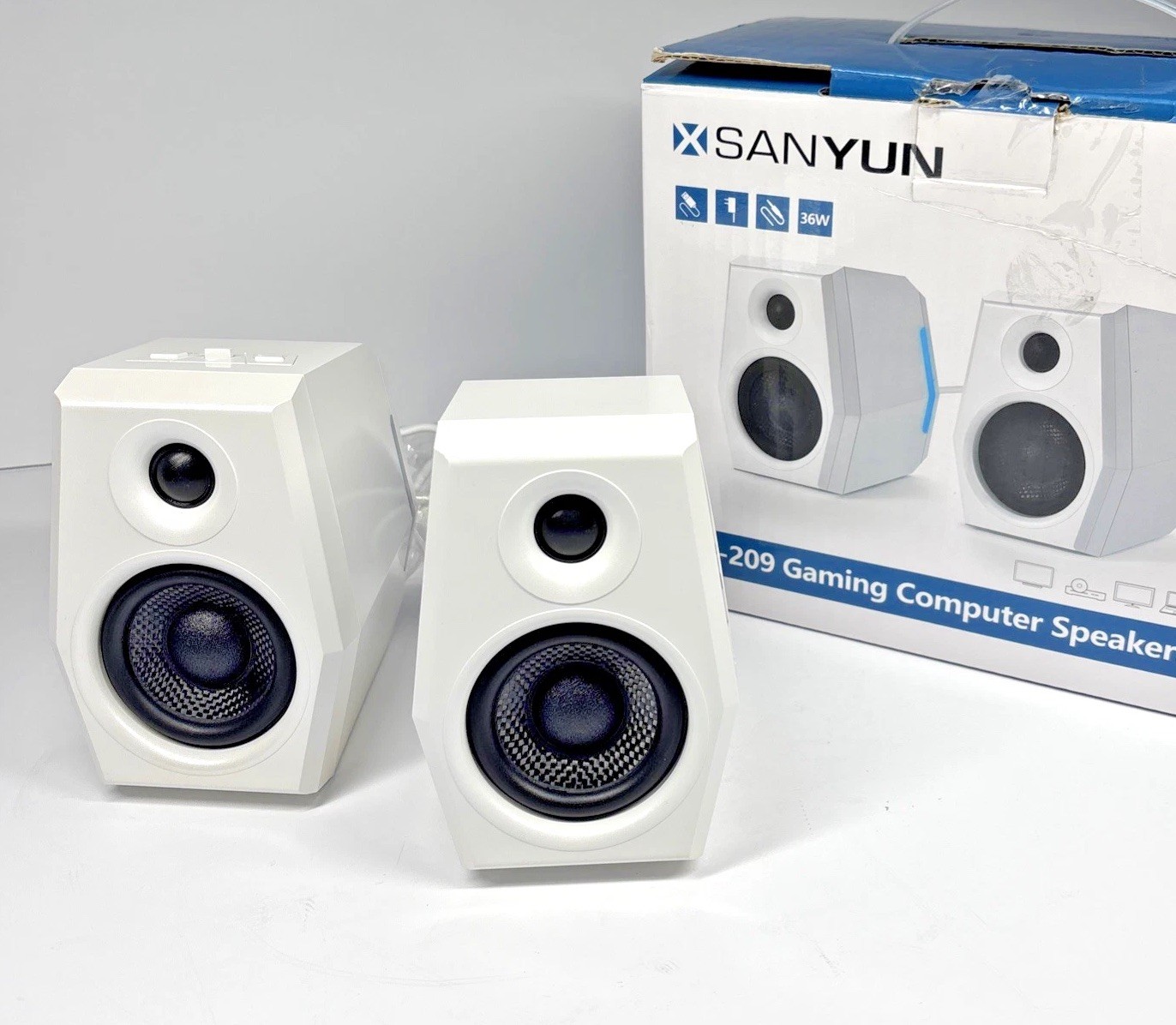 SANYUN SW-209 36W Bluetooth Gaming Computer Speakers White PC Desktop Pair