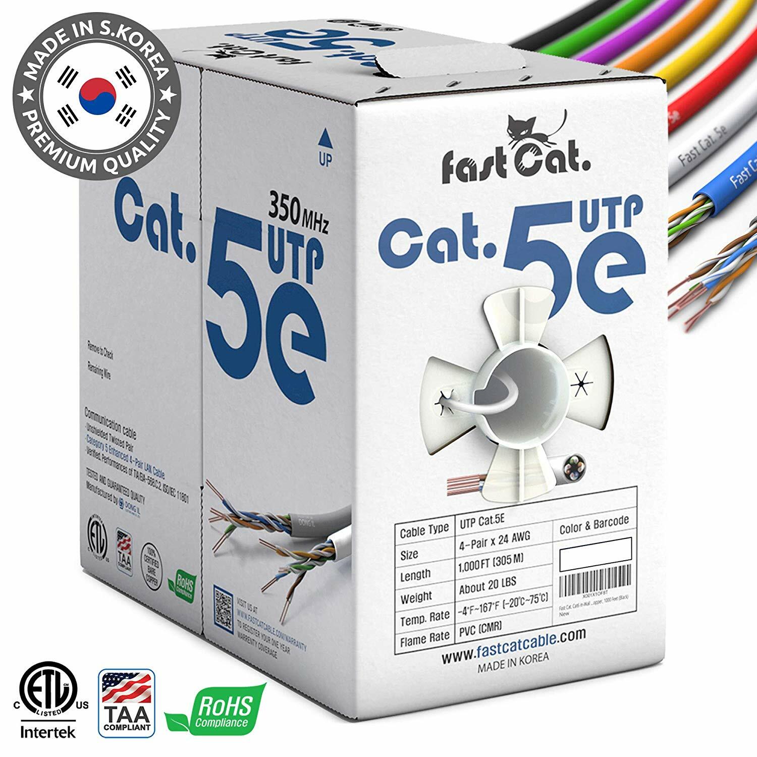 fast Cat. Cat5e Copper Ethernet Cable 1000ft - 24 AWG, CMR, 350mhz Lan Cable