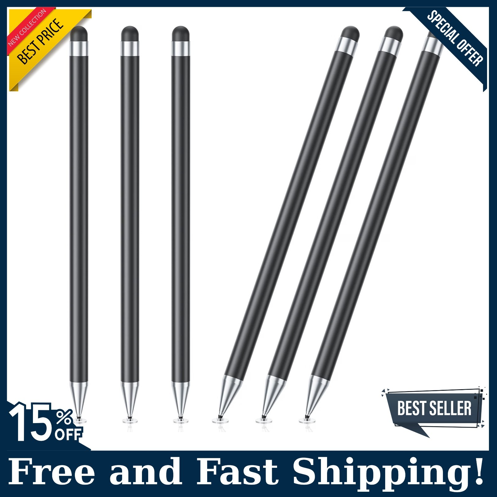 Stylus Pen for Touchscreen,6PCS Pencil 2-in-1 High Precision Black,Free Shipping