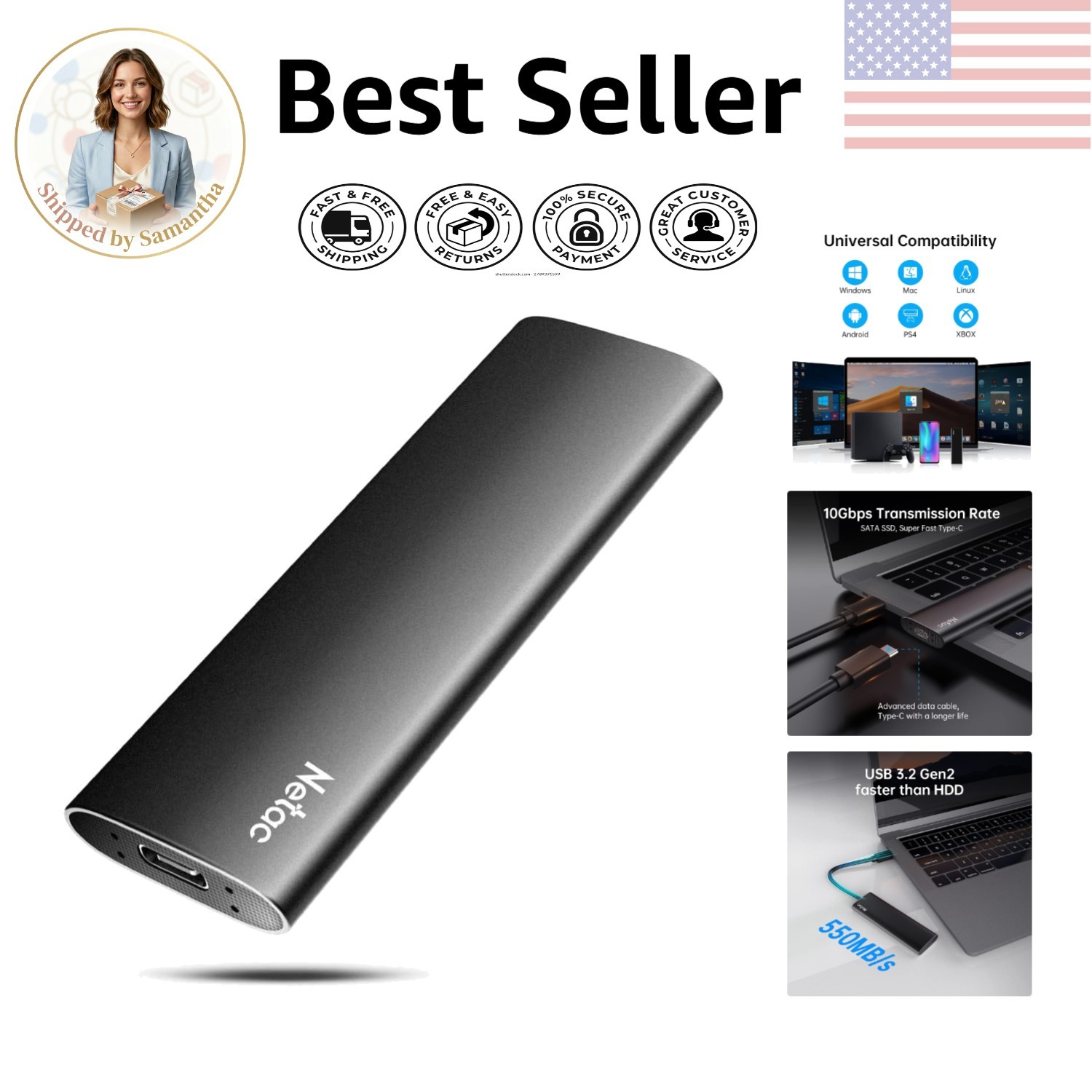 High-Speed 250GB USB 3.2 SSD for Gaming and File Storage - Portable & Reliable