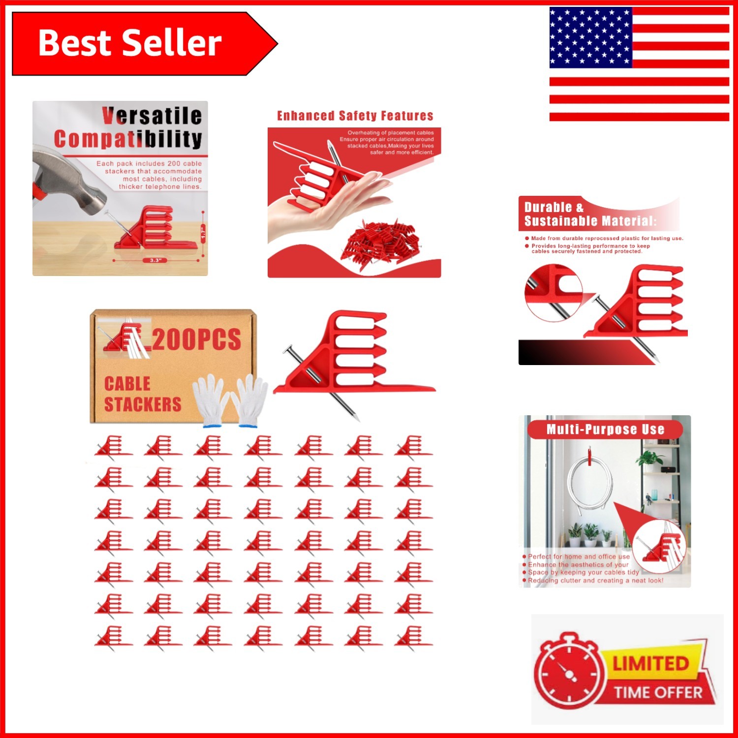 200 Pack Red Cable Stackers with Steel Nails for Effortless Cable Organization