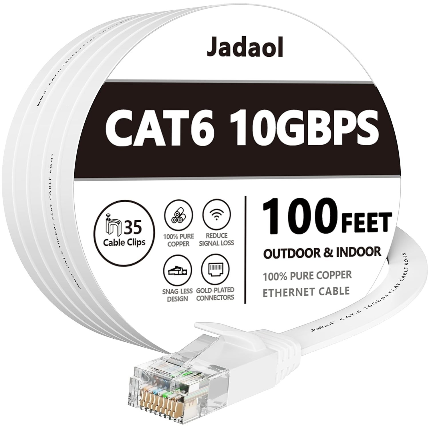 Cat 6 Flat Network Ethernet Cable, 10Gbps 250MHz, Includes 35 Cable Clips