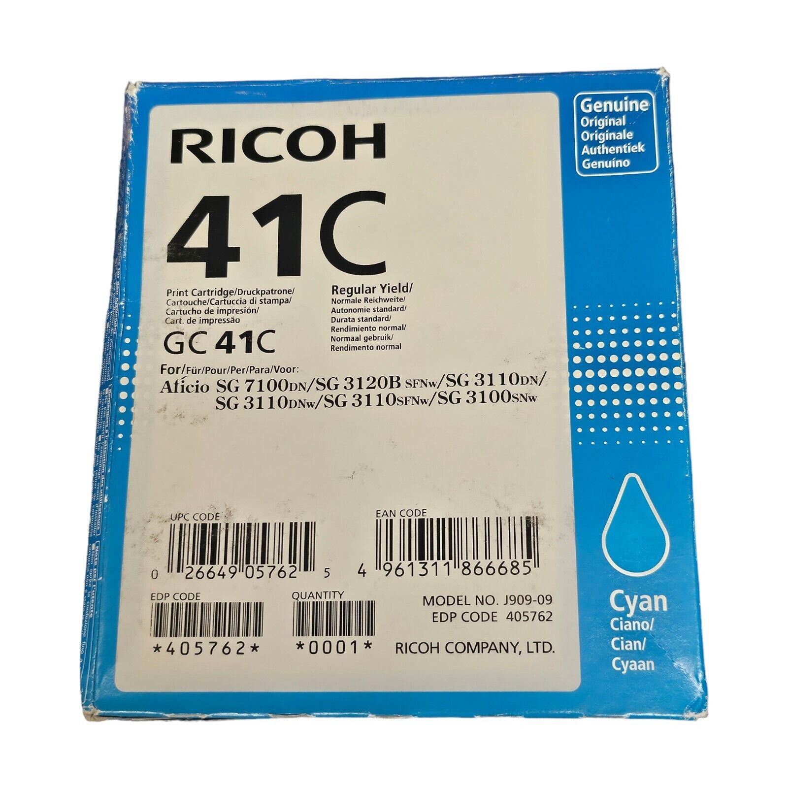 Ricoh GC-41C Ink Ctg 405762 Cyan Blue Ricoh Aficio SG 3110DN Expired 05/2017