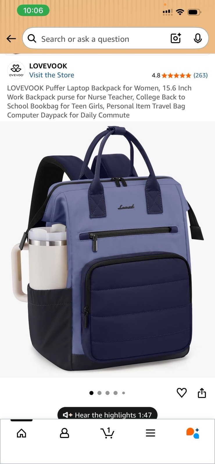 LOVEVOOK Puffer Laptop Backpack for Women, 15.6 Inch, Blue Black, Solid Pattern