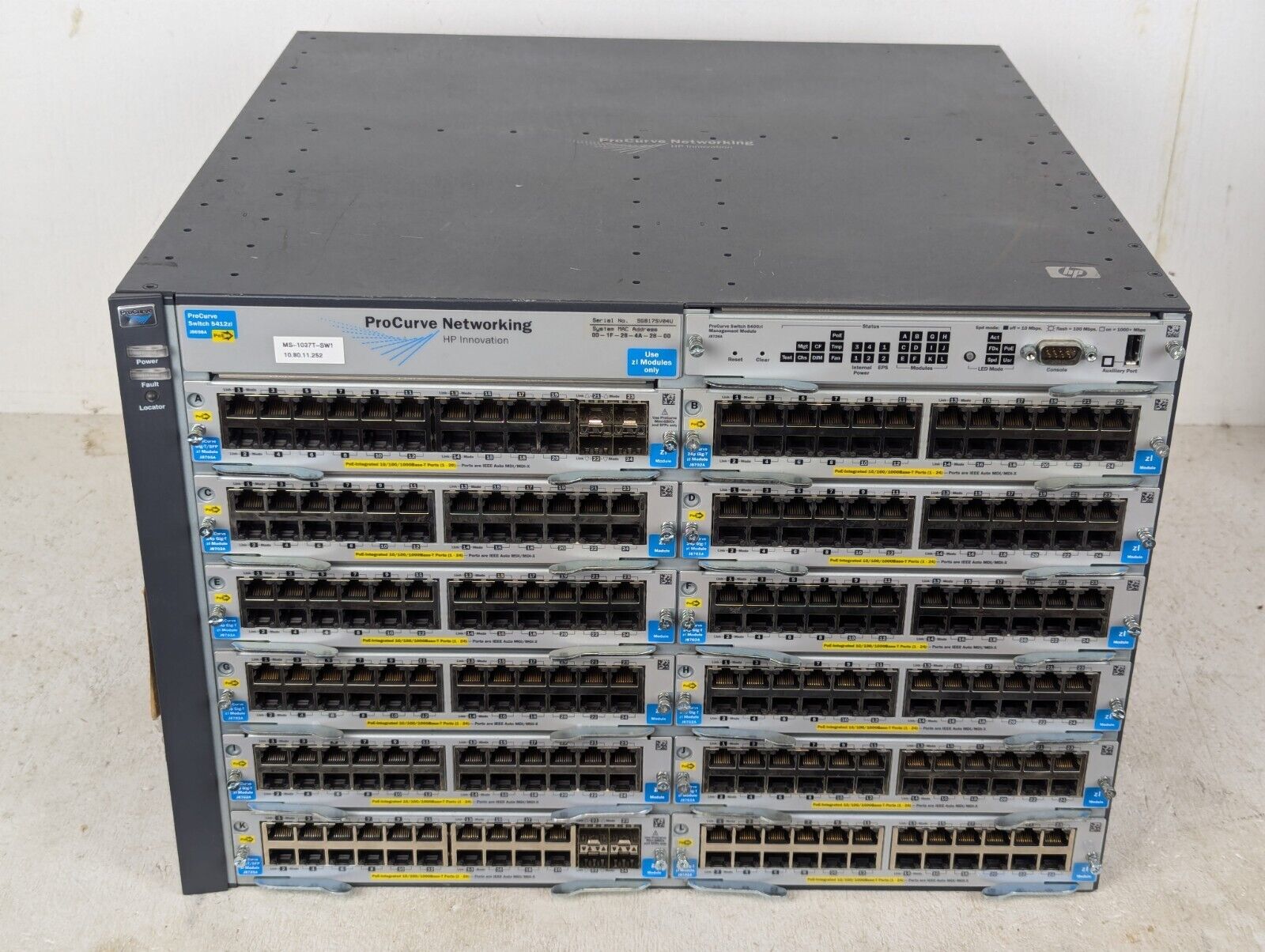 HP ProCurve Network Switch 5412zl J8698A, 2x J8705A 10x J8702A, 5400zl J8726A
