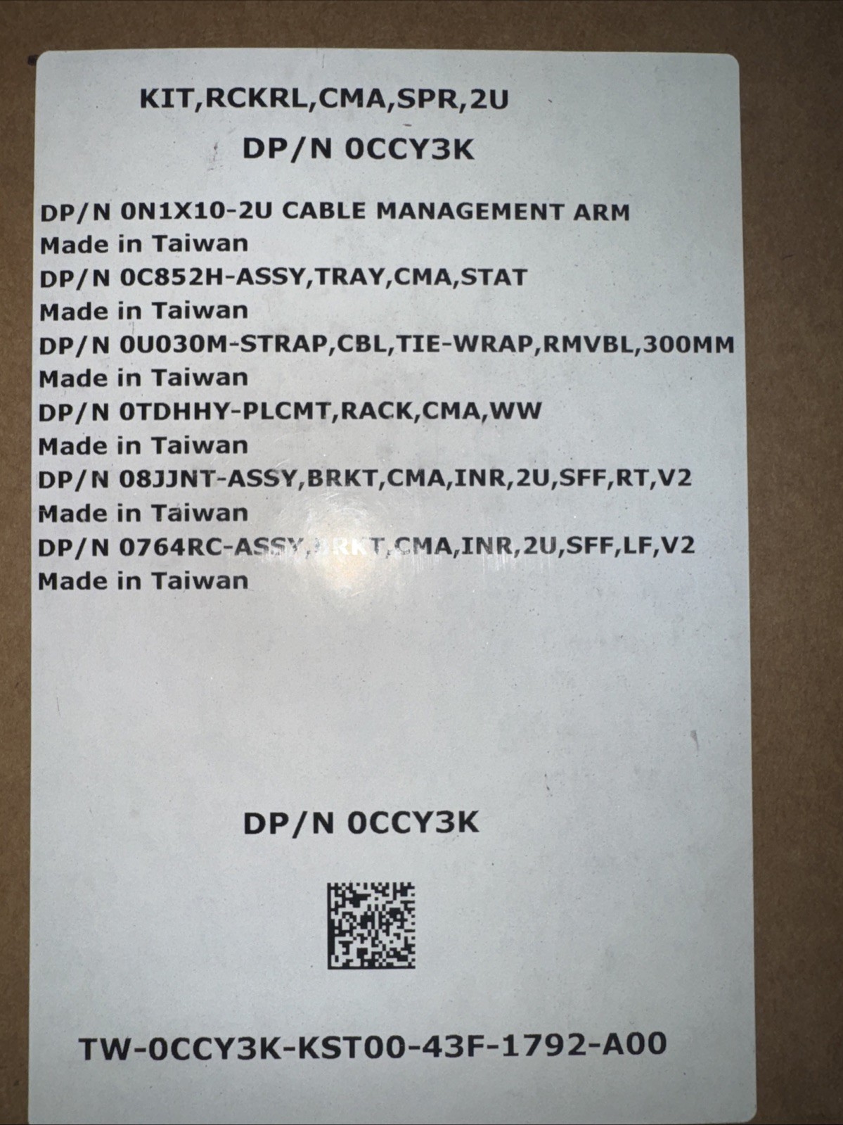 DELL / KIT, RCKRL, CMA, SPR, DP / N 0CCY3K ( RACK WIRE MANAGEMENT )