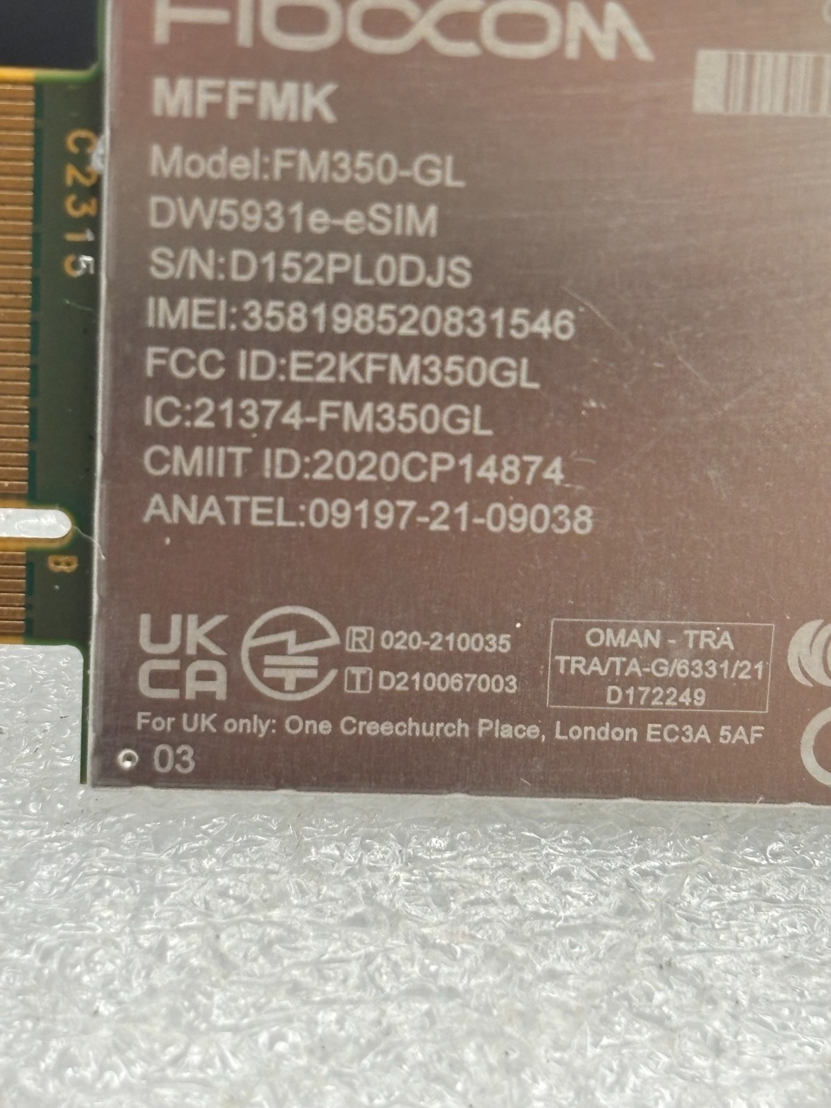 Dell Fibocom FM350-GL 5G LTE M.2 WWAN Network Card DW5931E-ESIM - RC5K3