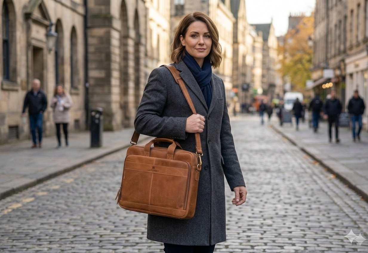 Handcrafted‑Style 17" Leather Laptop Briefcase – Luxorro – Light Brown