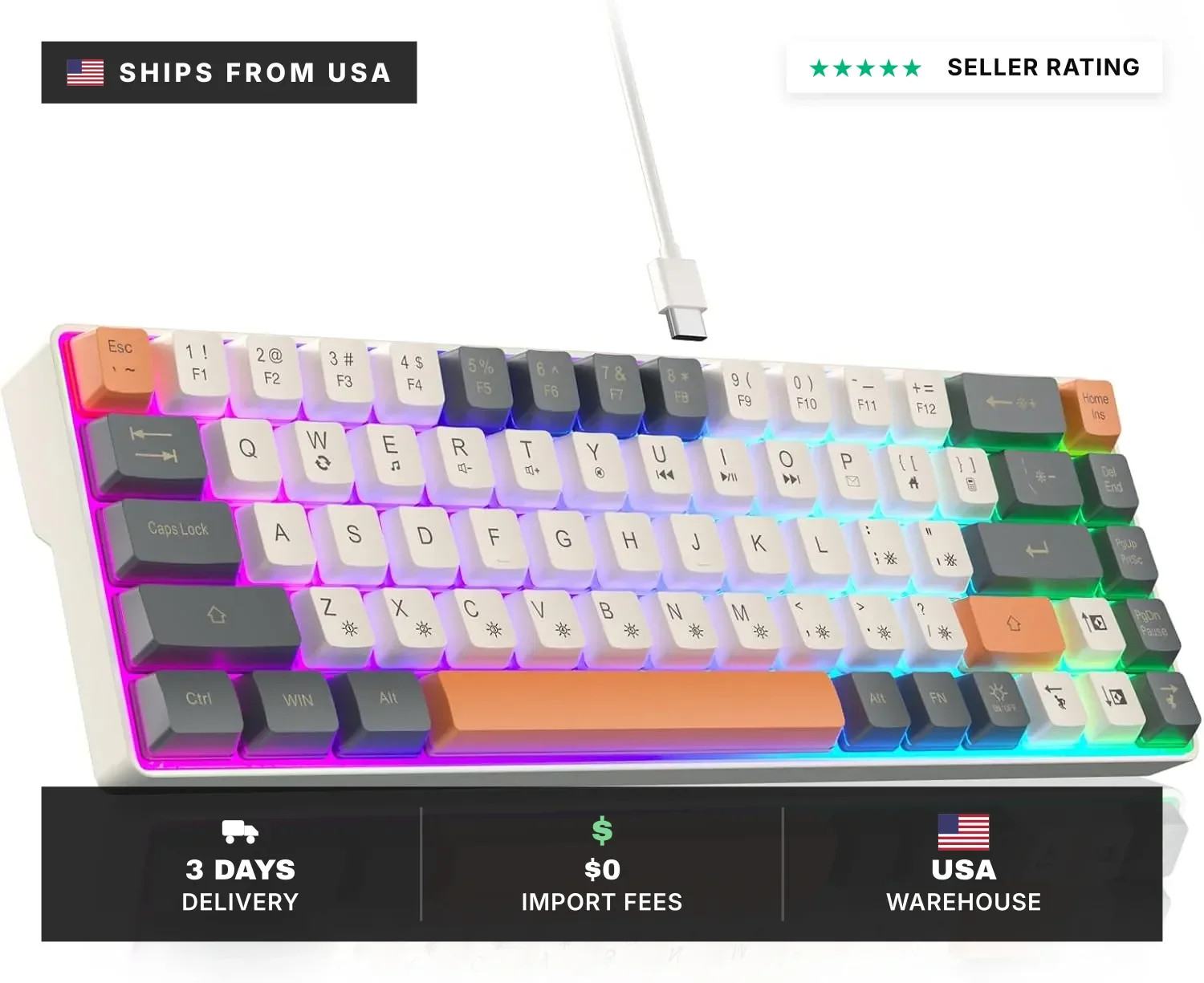 CORBOBO 60 Percent Keyboard RGB Backlit Gaming Keyboard USB-C Wired 68 Keys