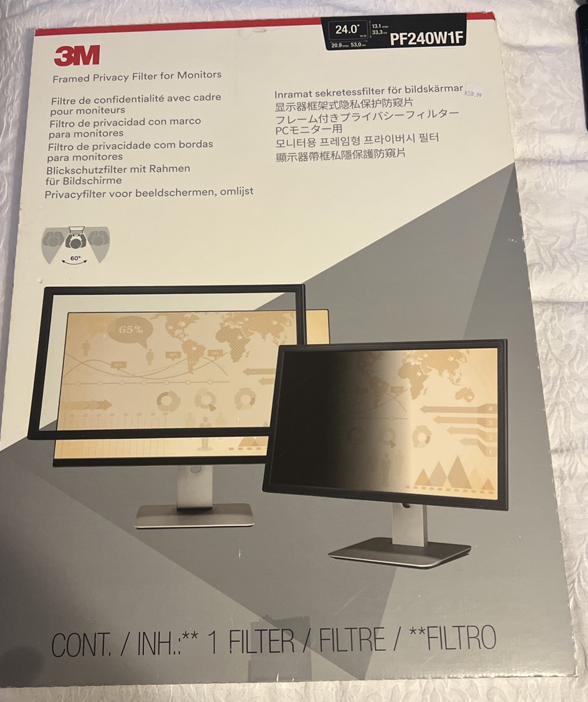 3M Framed Privacy Filter for 24" Diagonal Widescreen Monitor Model: PF240W1F NIB