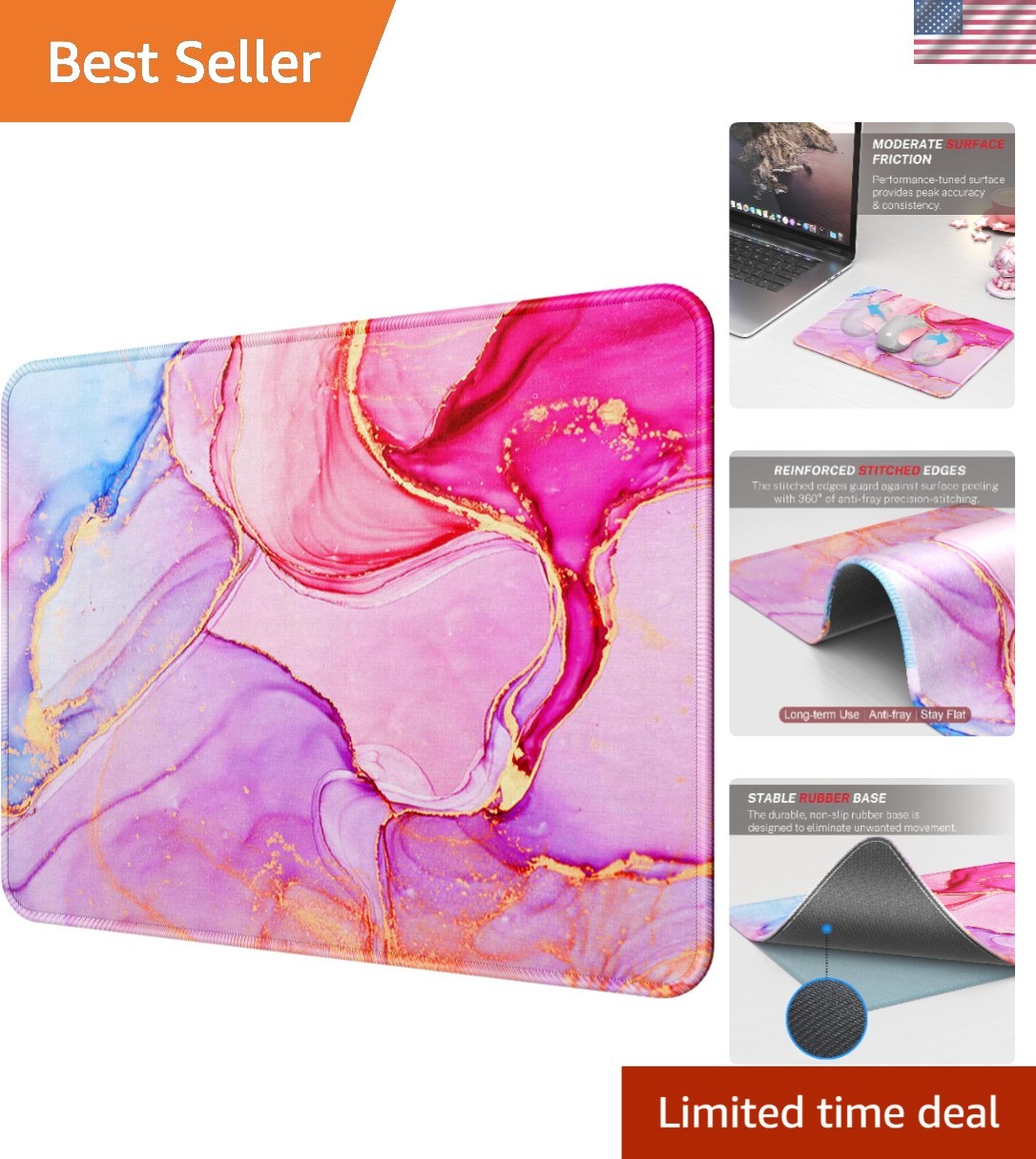Luxury Pink Marble Mouse Mat - 30% Larger, Waterproof, Perfect for Home & Office
