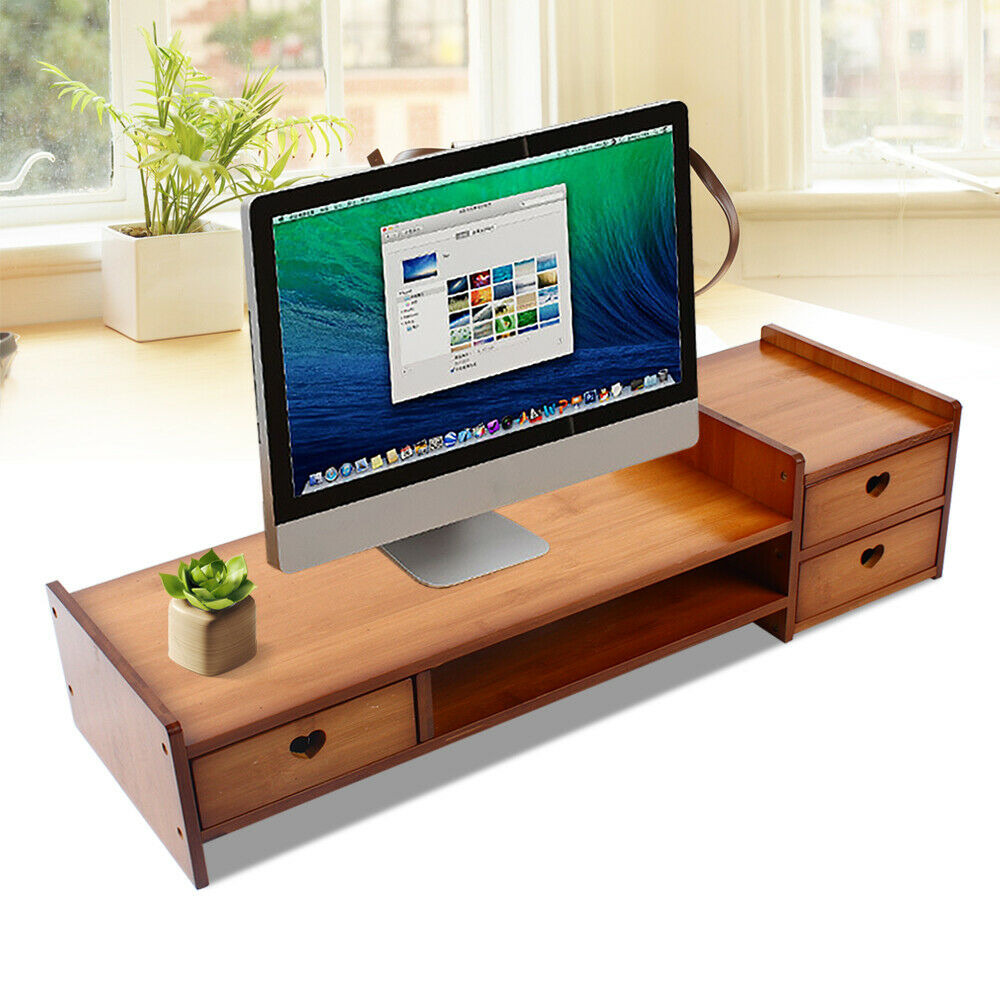 Bamboo Monitor Stand Riser with Storage Drawer Desk Laptop Organizer Stand Riser
