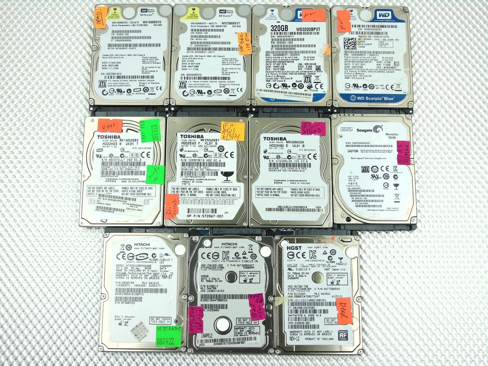 Lot of 11 - Misc. Brands 80GB to 750GB Laptop 2.5