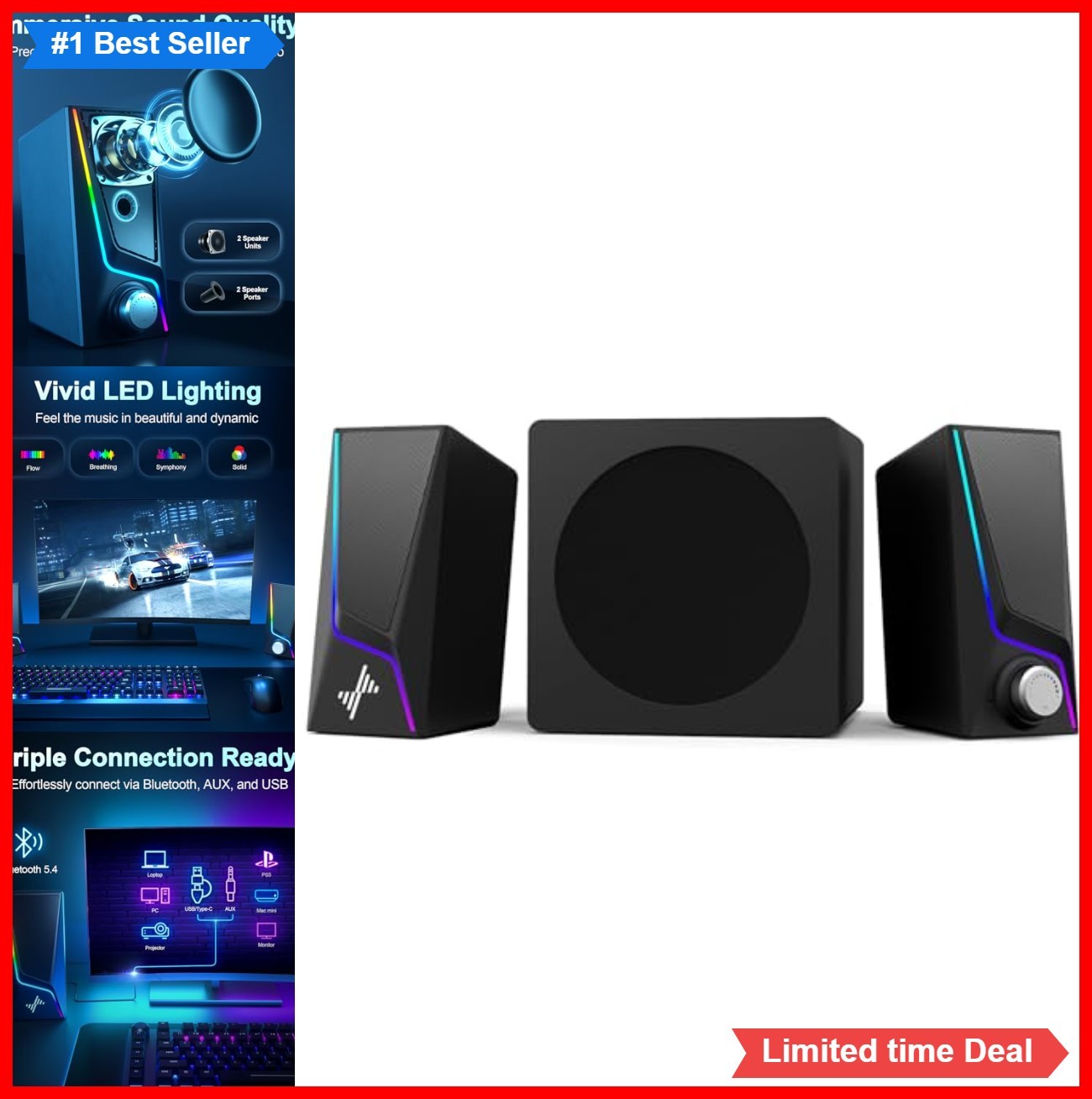 2.1 Computer Speakers with Subwoofer 60W Bluetooth 5.4 USB AUX RGB Gaming PC