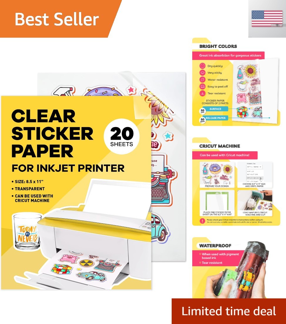 90% Clear Sticker Paper for Inkjet Printer 20 Sheets - Transparent Glossy 8.5...