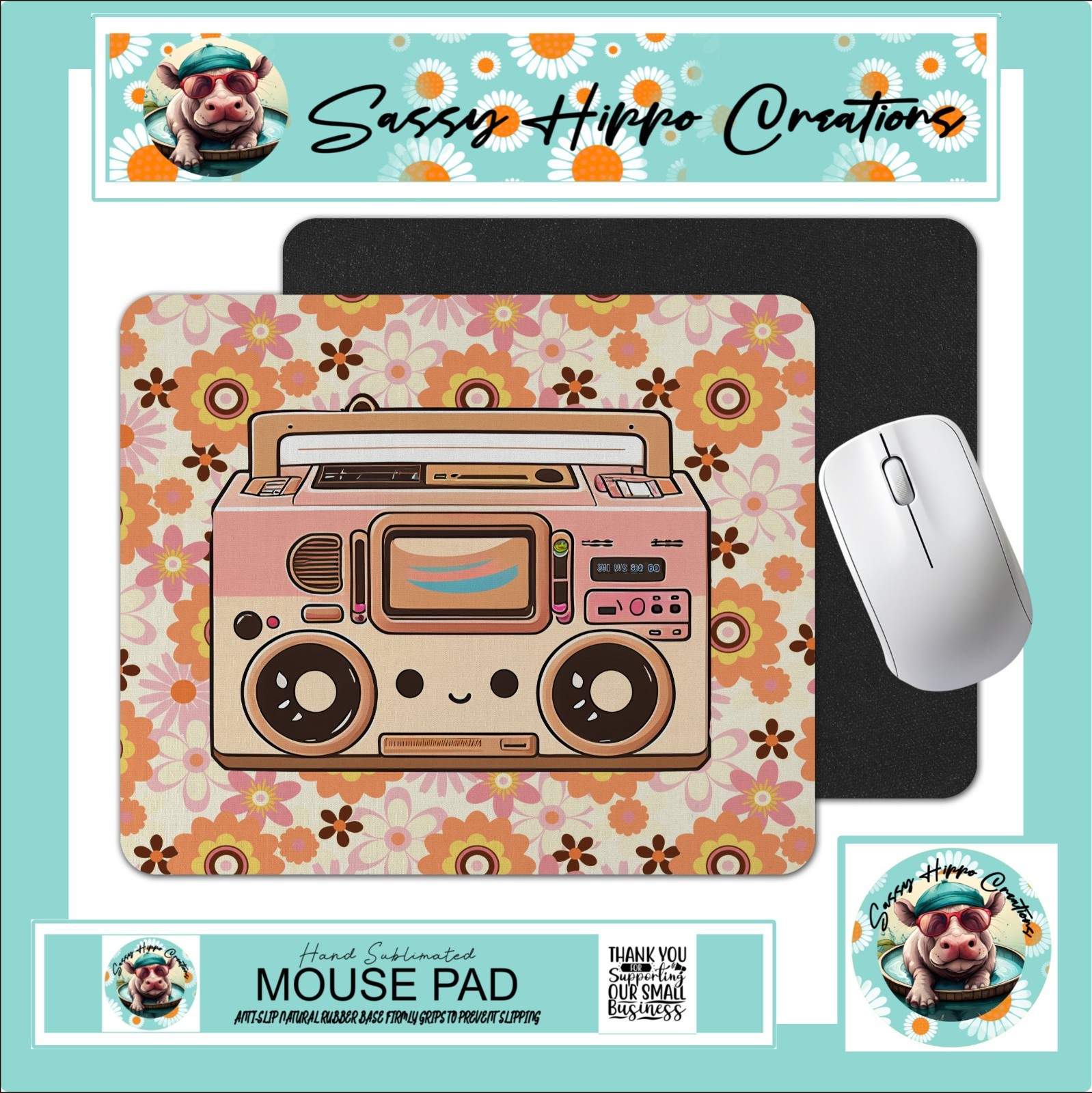 Mouse Pad Boombox Vintage Retro Music Flower Power Anti Slip Back Easy Clean