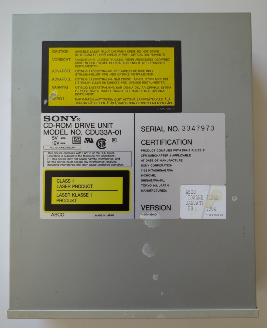 Sony CDU33A-01 2X CD-ROM Drive 34-Pin Proprietary Interface Vintage 1994