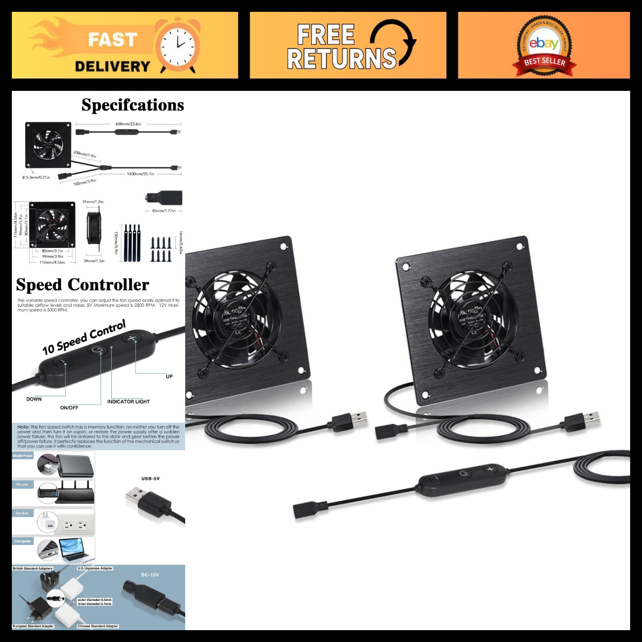 Dual 80mm Cooling Fans - USB 5V/DC 12V, IPX5 Waterproof, 10-Speed Quiet for AV C