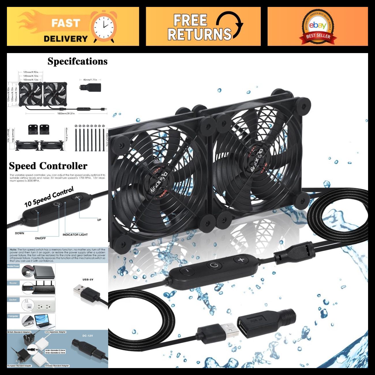 Dual 120mm USB Cooling Fan - 10-Speed, Waterproof, Perfect for Router, Xbox, PC