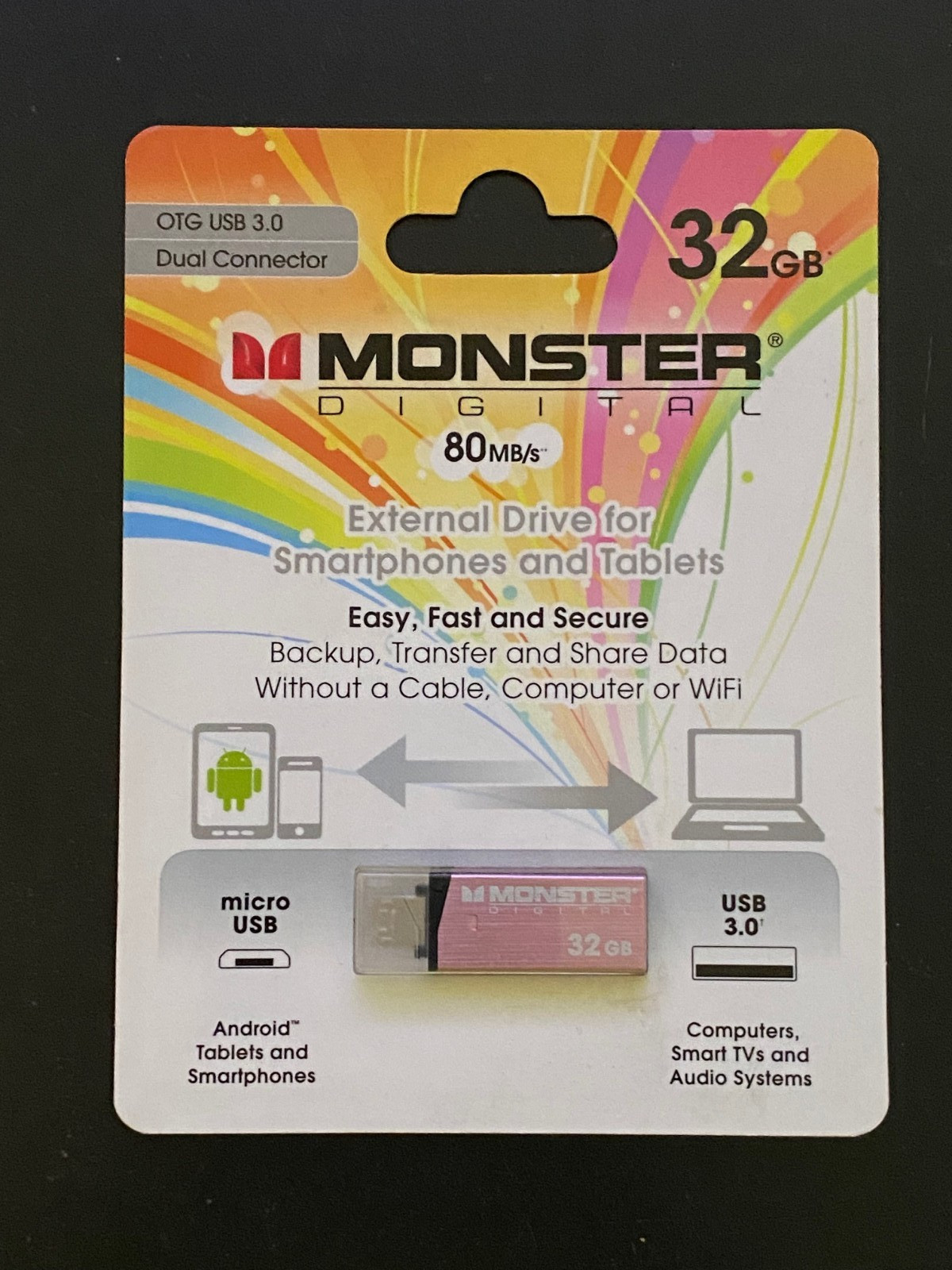 Monster Digital 32GB External Drive for Smartphones/Tablets-OTG USB 3.0 Pink NIP