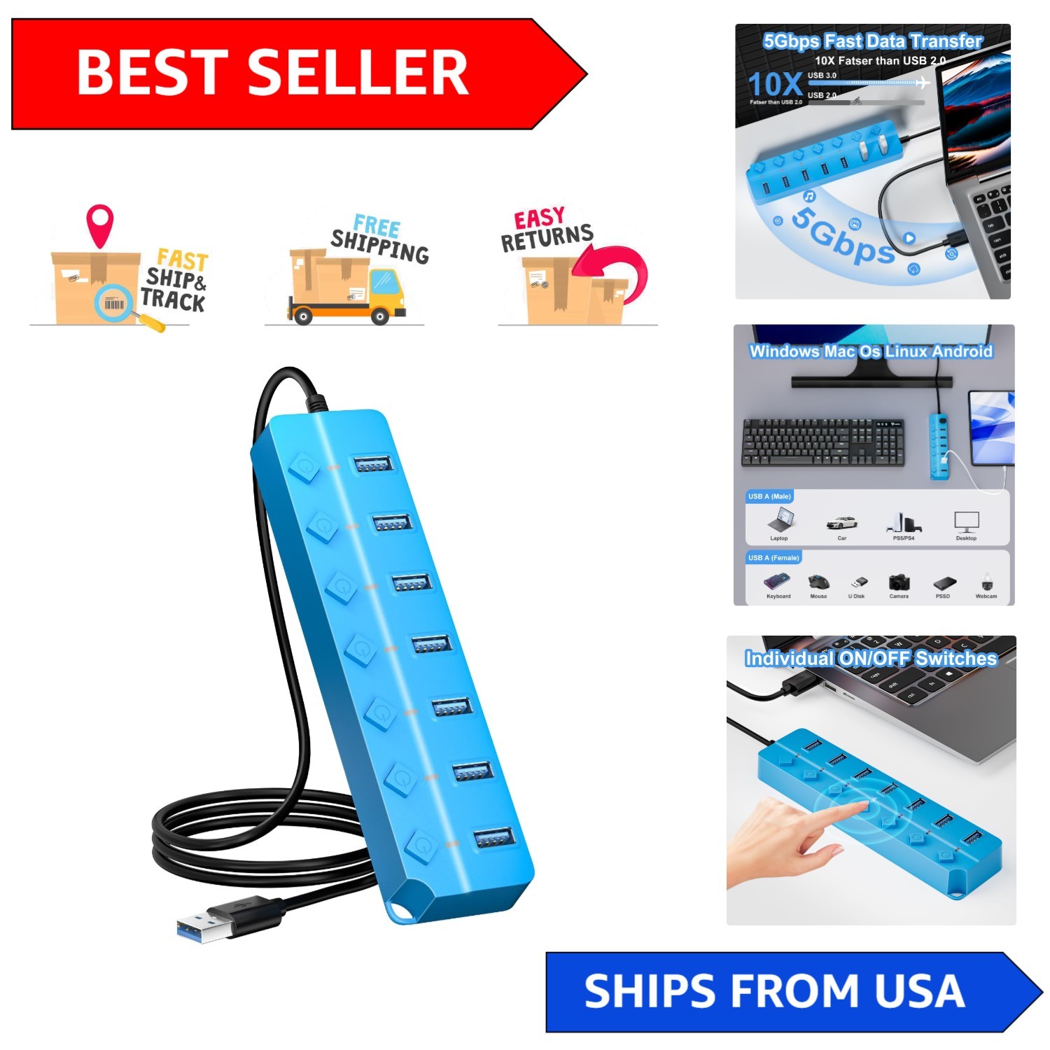 Ultimate 7-Port USB 3.0 Hub in Blue with On/Off Switches for Enhanced Control