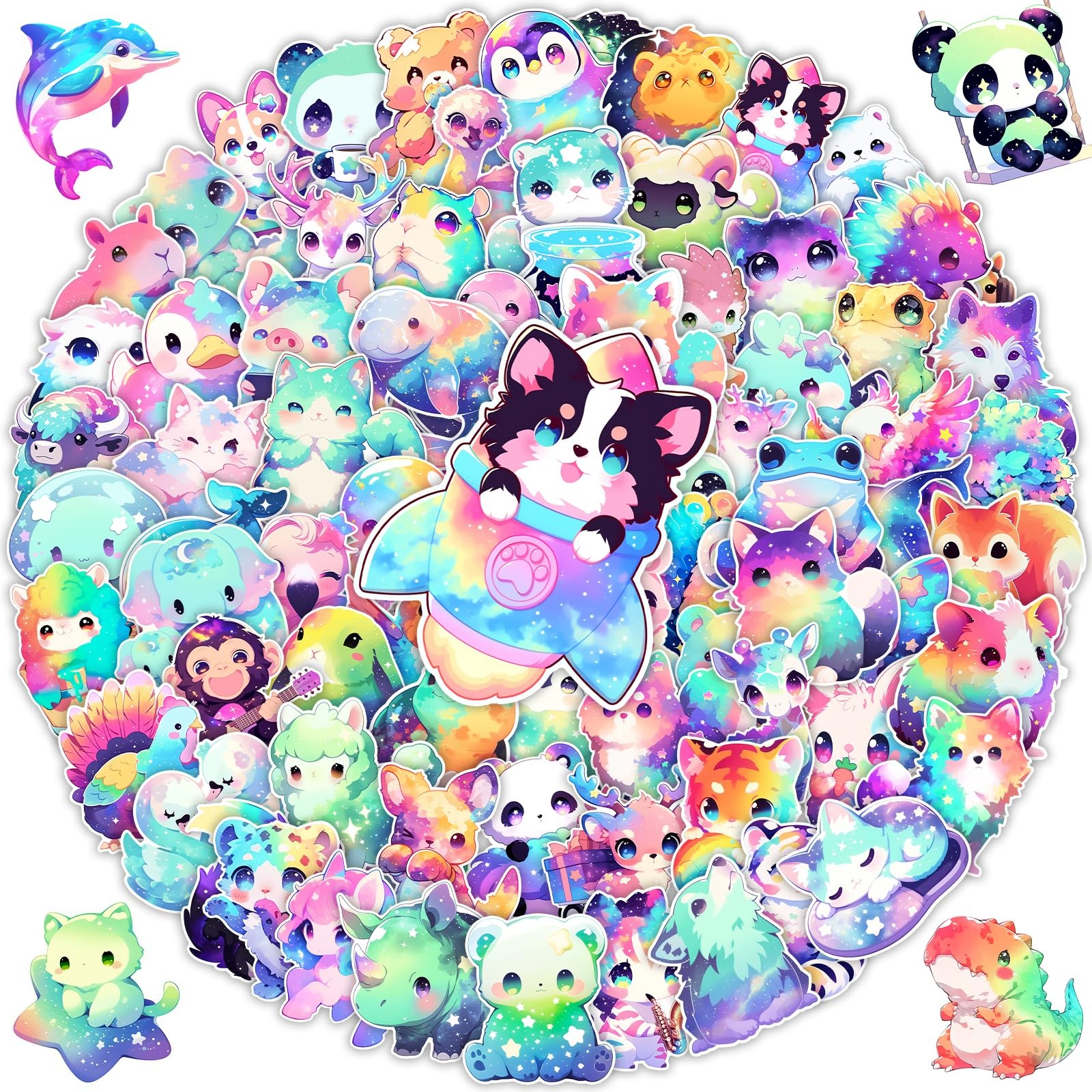 100 Pcs Cute Rainbow Animal Stickers Pack for Kids 2-3in, Galaxy 