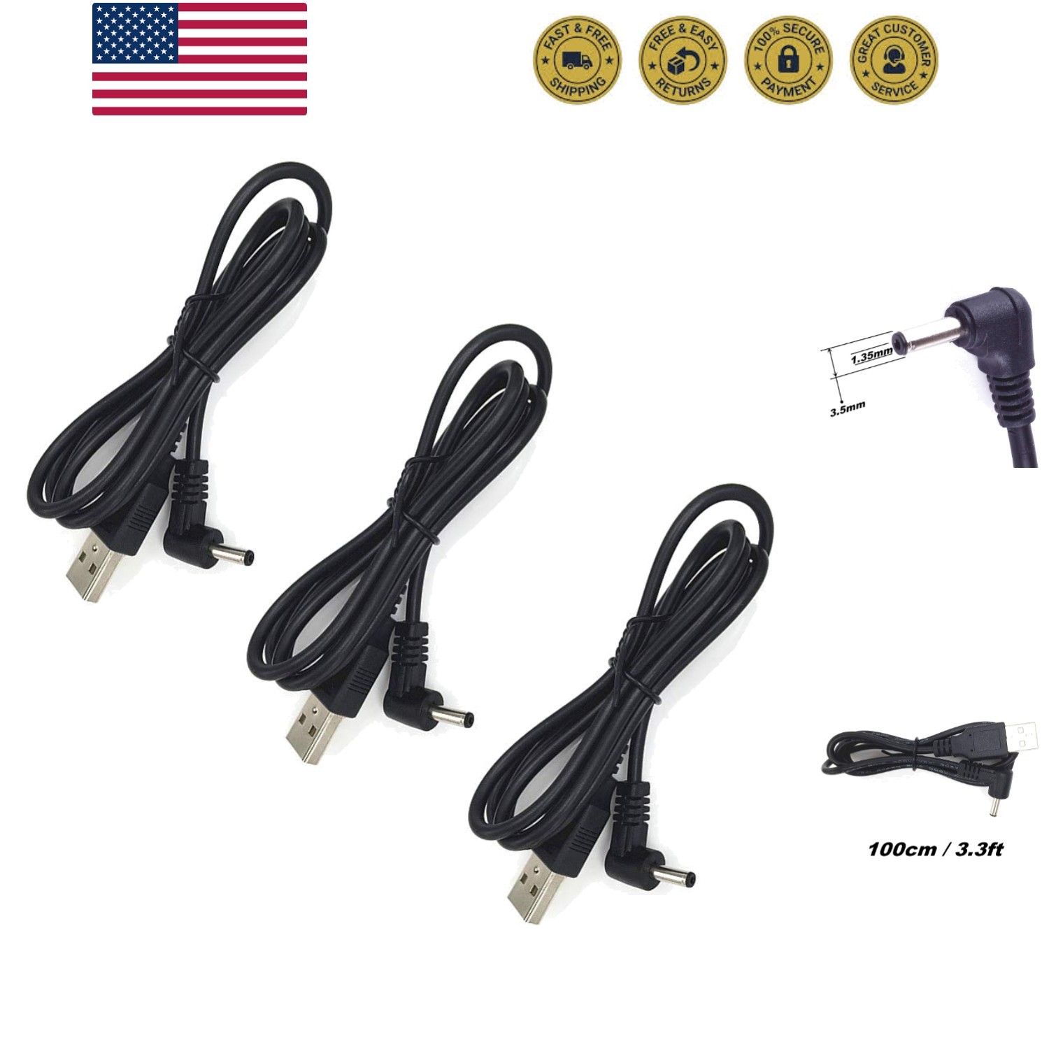 3 pcs Extension Cable USB to DC Cable - 5V USB 2.0 Port Male to DC 5V L Type ...