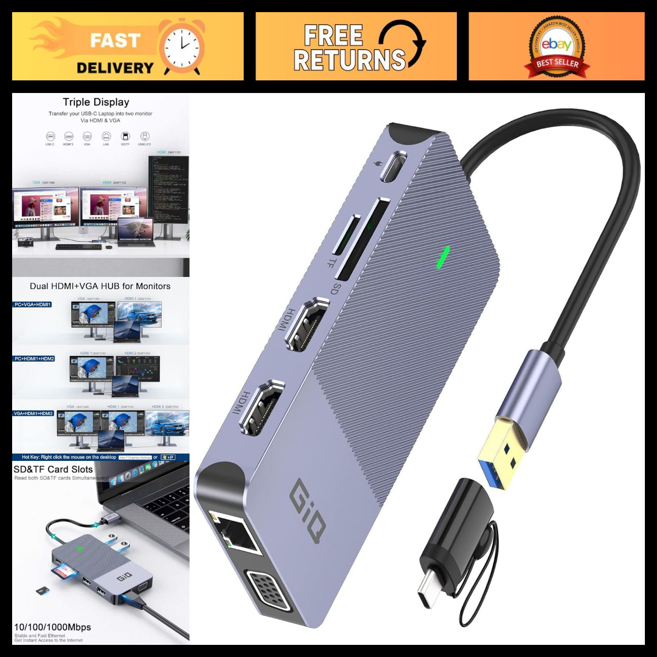 Dual Monitor USB 3.0 Docking Station, 2 HDMI Hub DisplayLink for Laptops