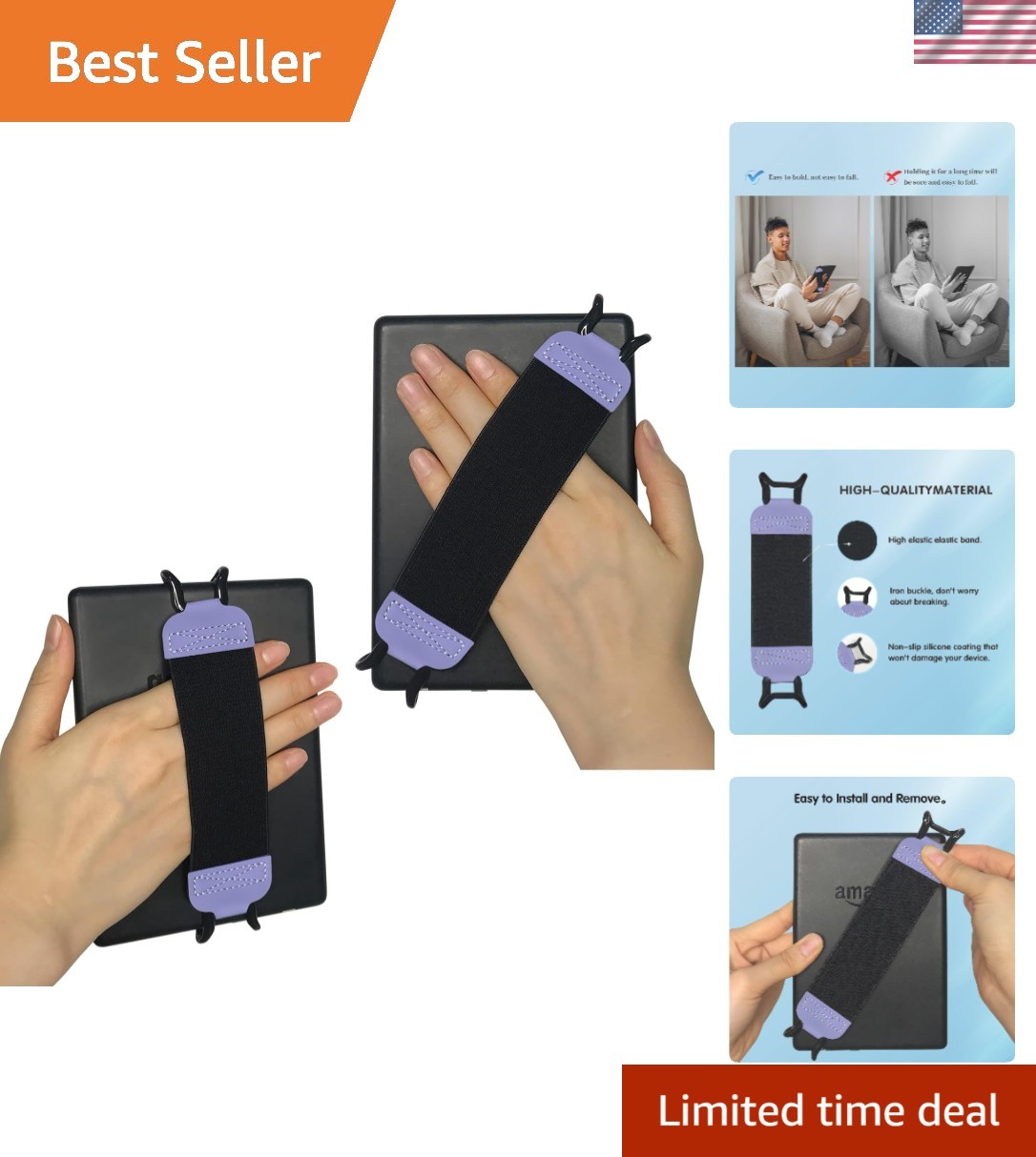 Secure Hand Strap Holder for Kindle & Tablets - Comfortable Purple Leather Grip
