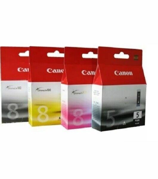 Set of 4 New Genuine Factory Sealed Canon 5 & 8 Inkjet Cartridges (NO CYN)